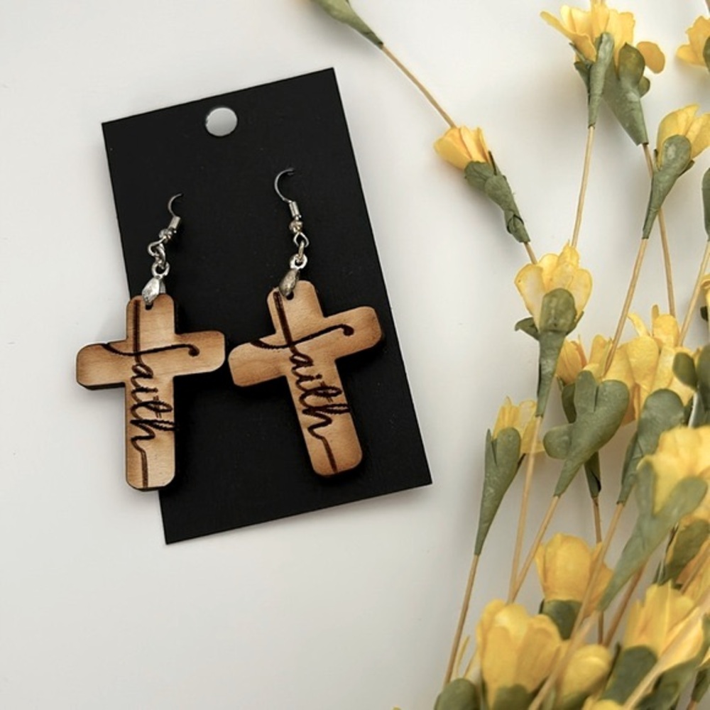 Faith Wood Laser Cut Cross Dangle Religious Gift Earrings - Brown